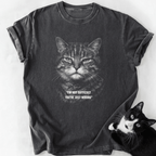 Dark gray relaxed fit cat lover shirt with 'I'm Not Difficult' quote and tabby art