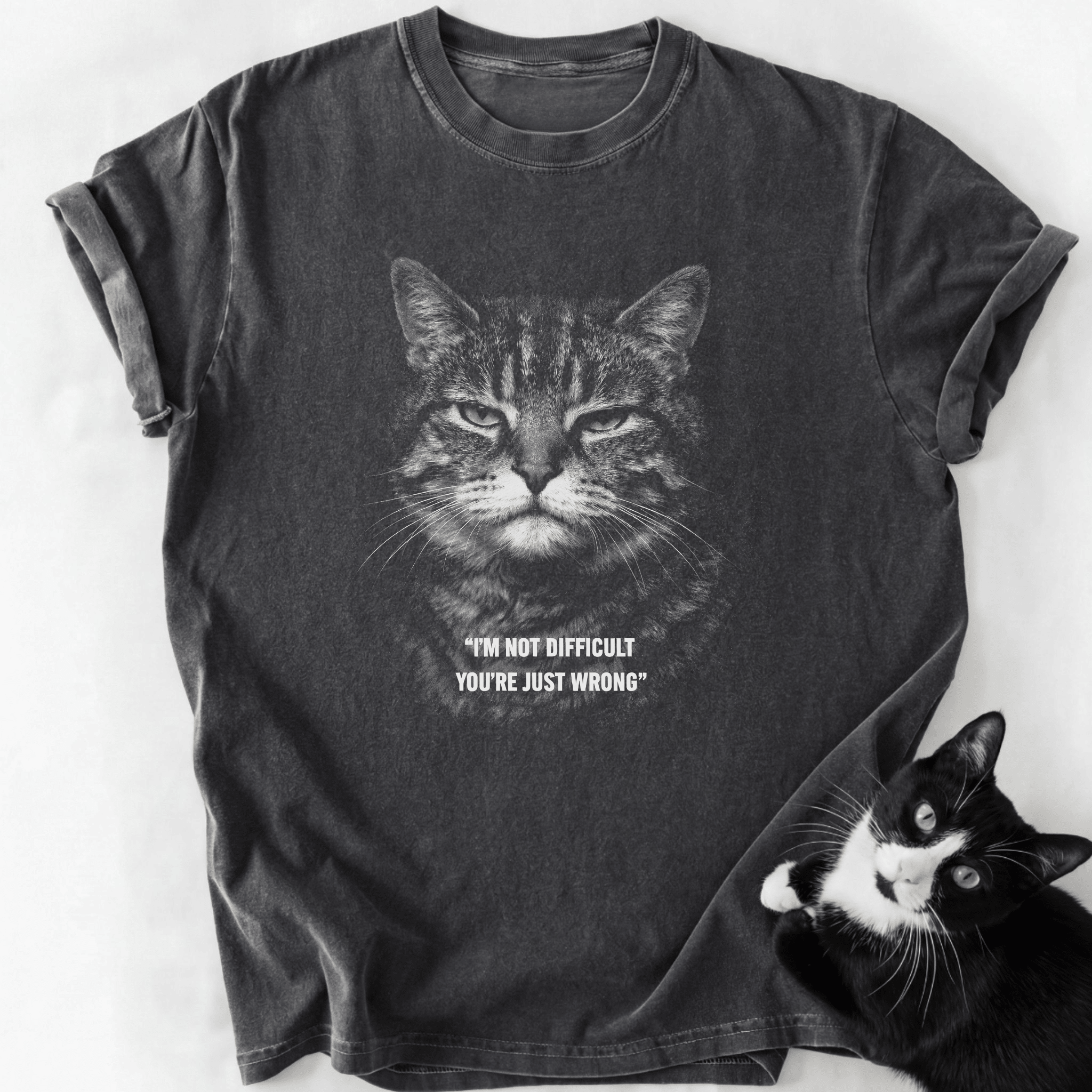 Dark gray relaxed fit cat lover shirt with 'I'm Not Difficult' quote and tabby art