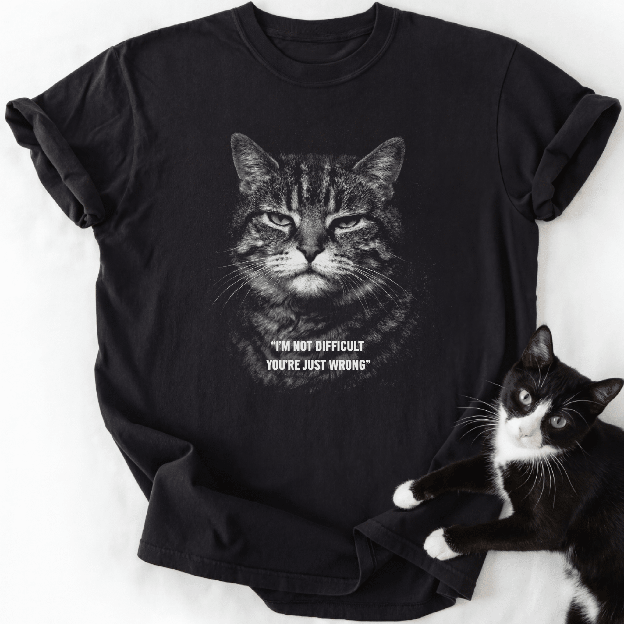 Black cat dad graphic tee with 'You're Just Wrong' text and stern tabby face
