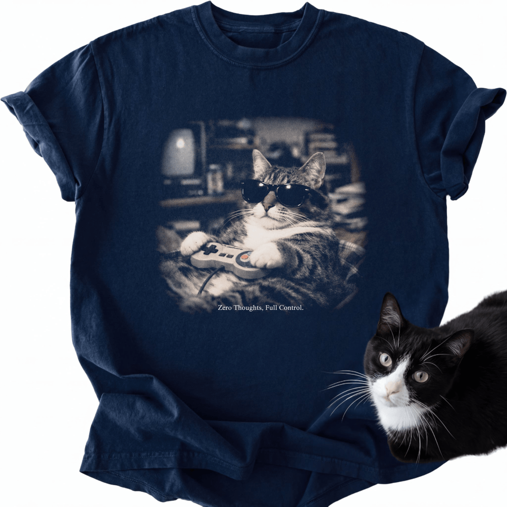 Navy blue relaxed fit cat dad shirt with vintage sepia cat holding game controller print