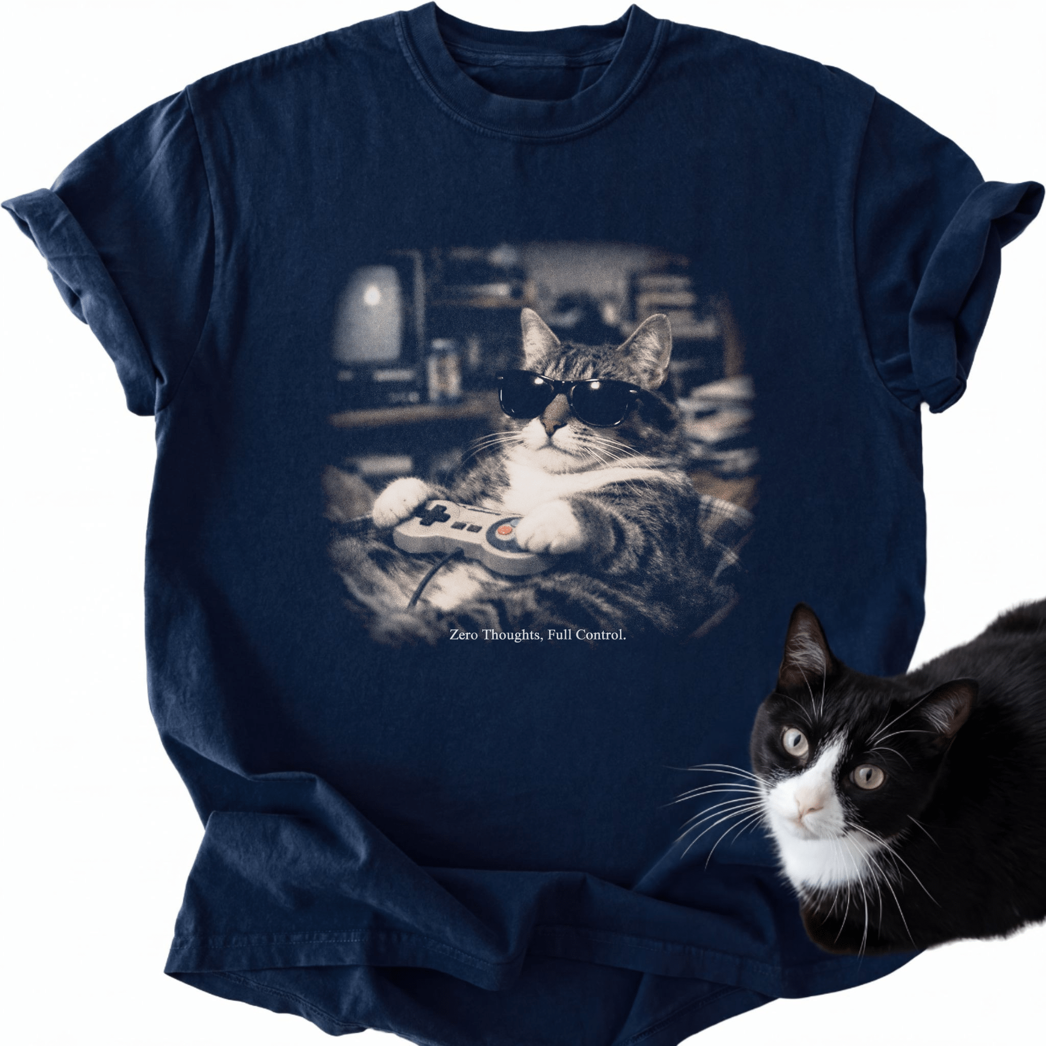 Navy blue relaxed fit cat dad shirt with vintage sepia cat holding game controller print