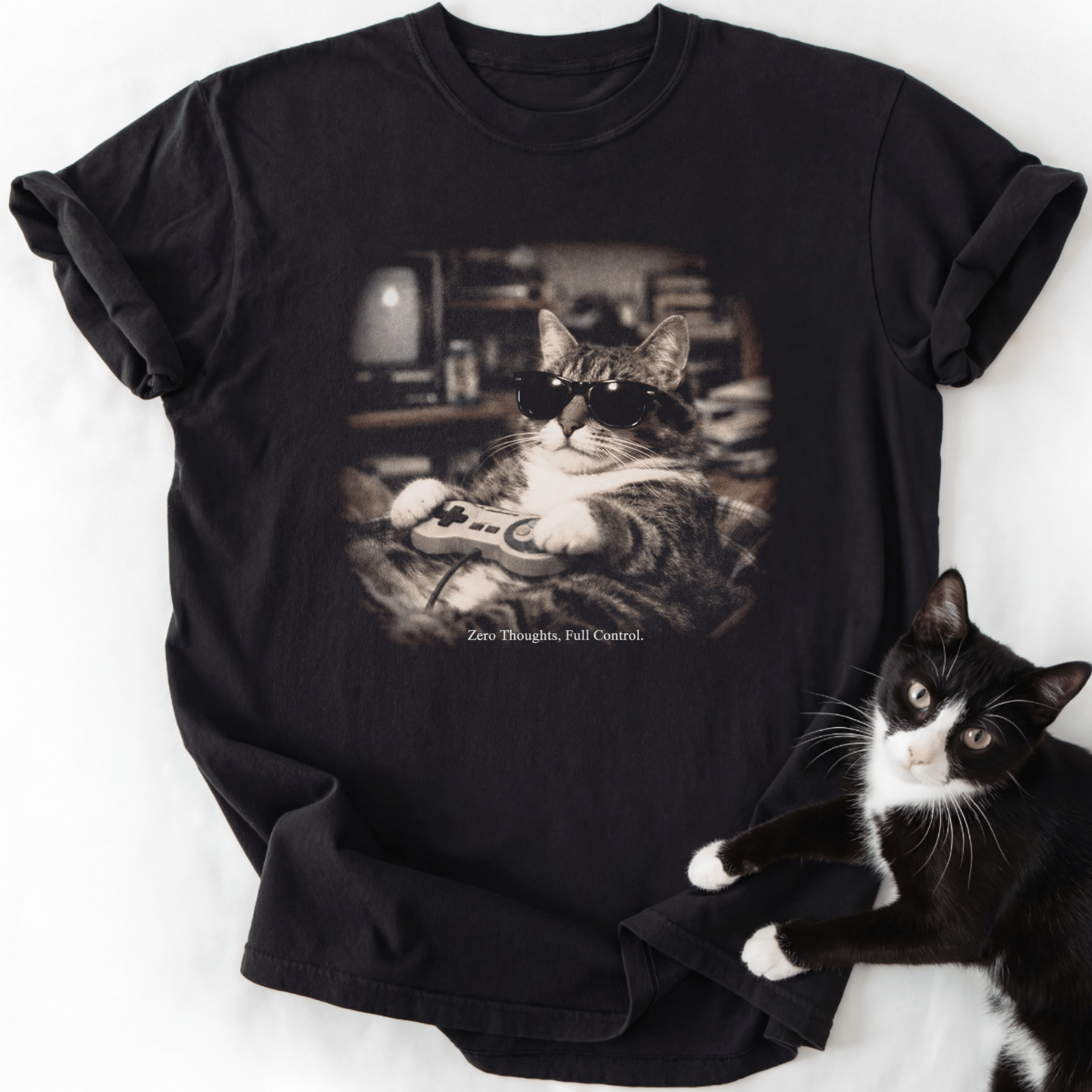 Black vintage cat graphic tee with 'Zero Thoughts Full Control' text and sunglasses cat design