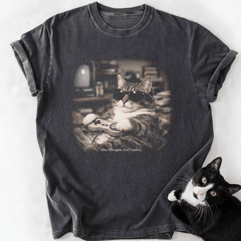 Dark gray heathered cat lover t-shirt featuring retro gaming tabby cat graphic and slogan