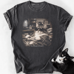 Dark gray heathered cat lover t-shirt featuring retro gaming tabby cat graphic and slogan