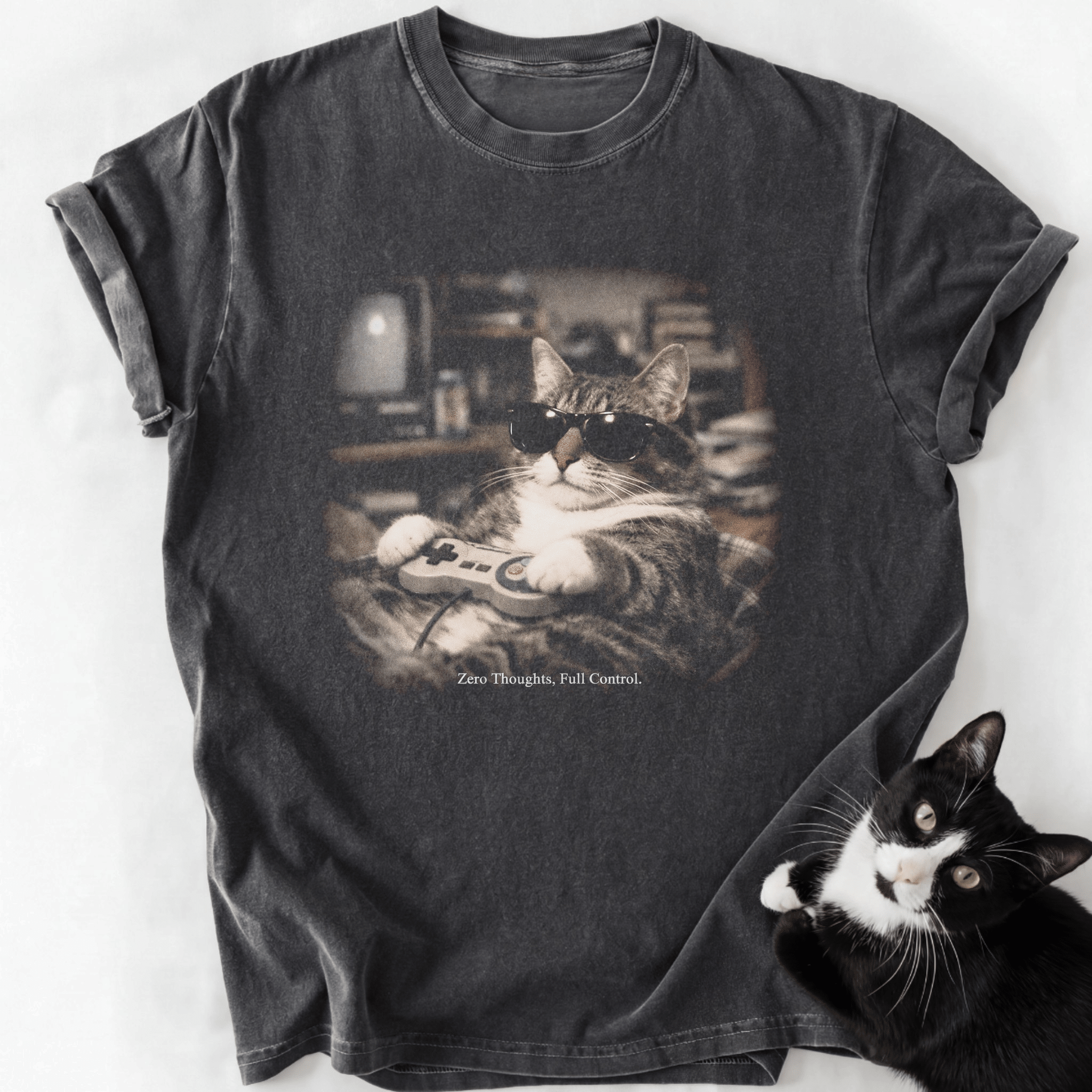 Dark gray heathered cat lover t-shirt featuring retro gaming tabby cat graphic and slogan