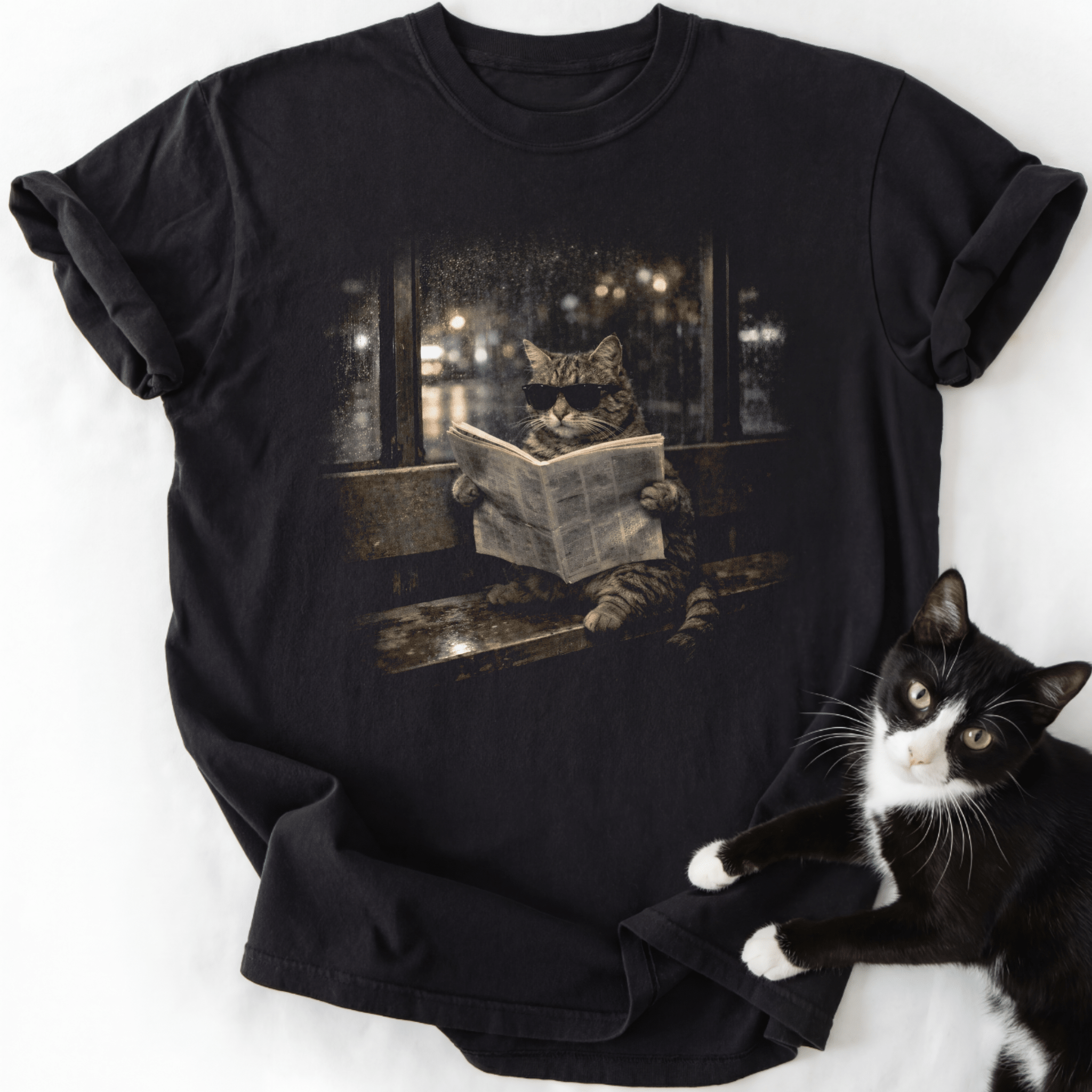 Black vintage cat graphic tee with tabby reading newspaper at bus stop