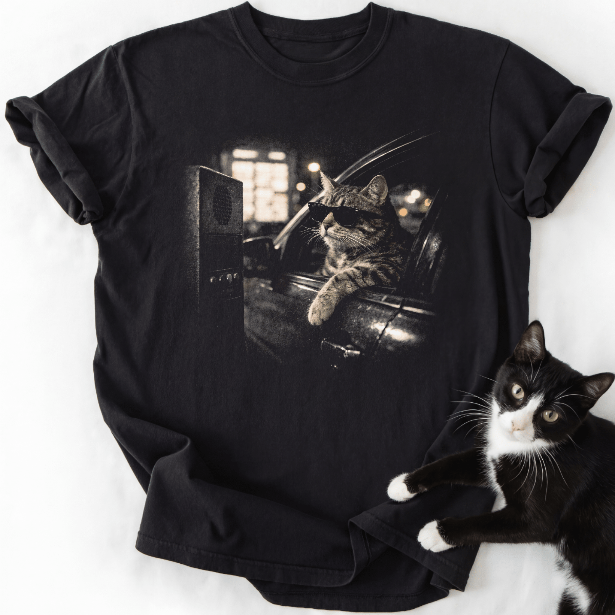 Vintage tabby cat in sunglasses at drive-thru graphic tee