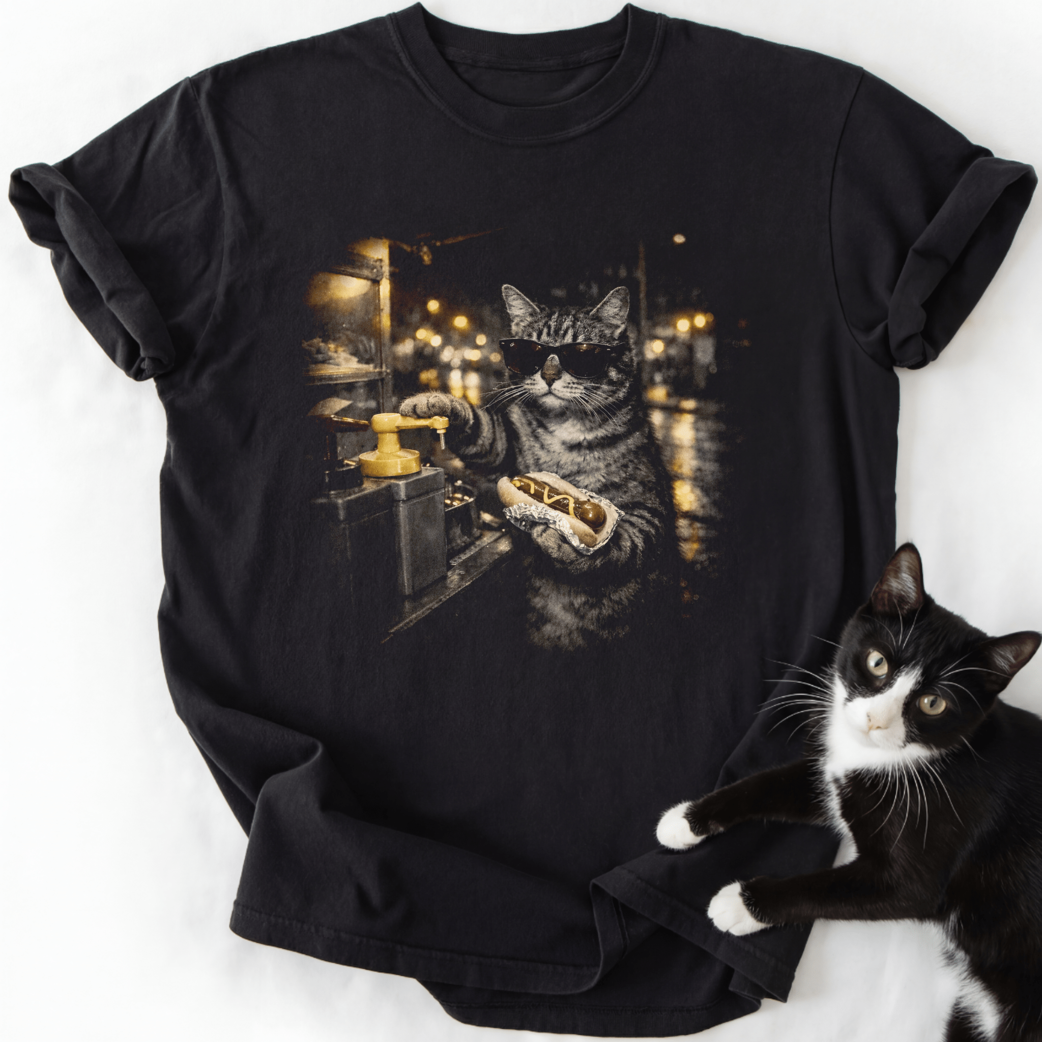 Late Night Hotdog T-Shirt black graphic tee with tabby cat wearing sunglasses holding hotdog