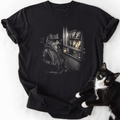 Black vintage cat graphic tee with noir-style cat in sunglasses and leather jacket