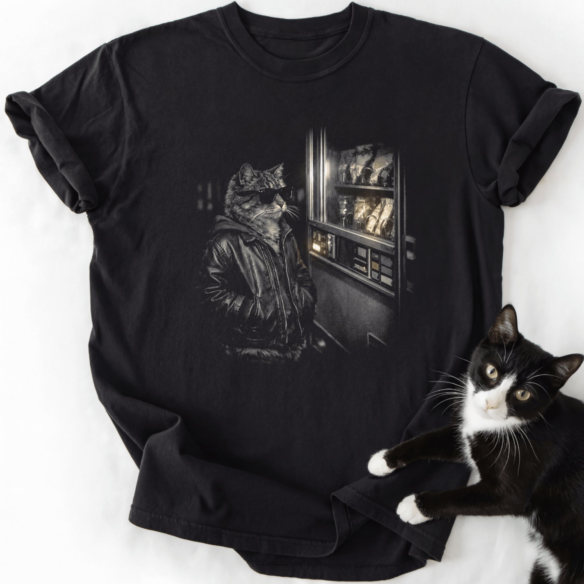 Black vintage cat graphic tee with noir-style cat in sunglasses and leather jacket