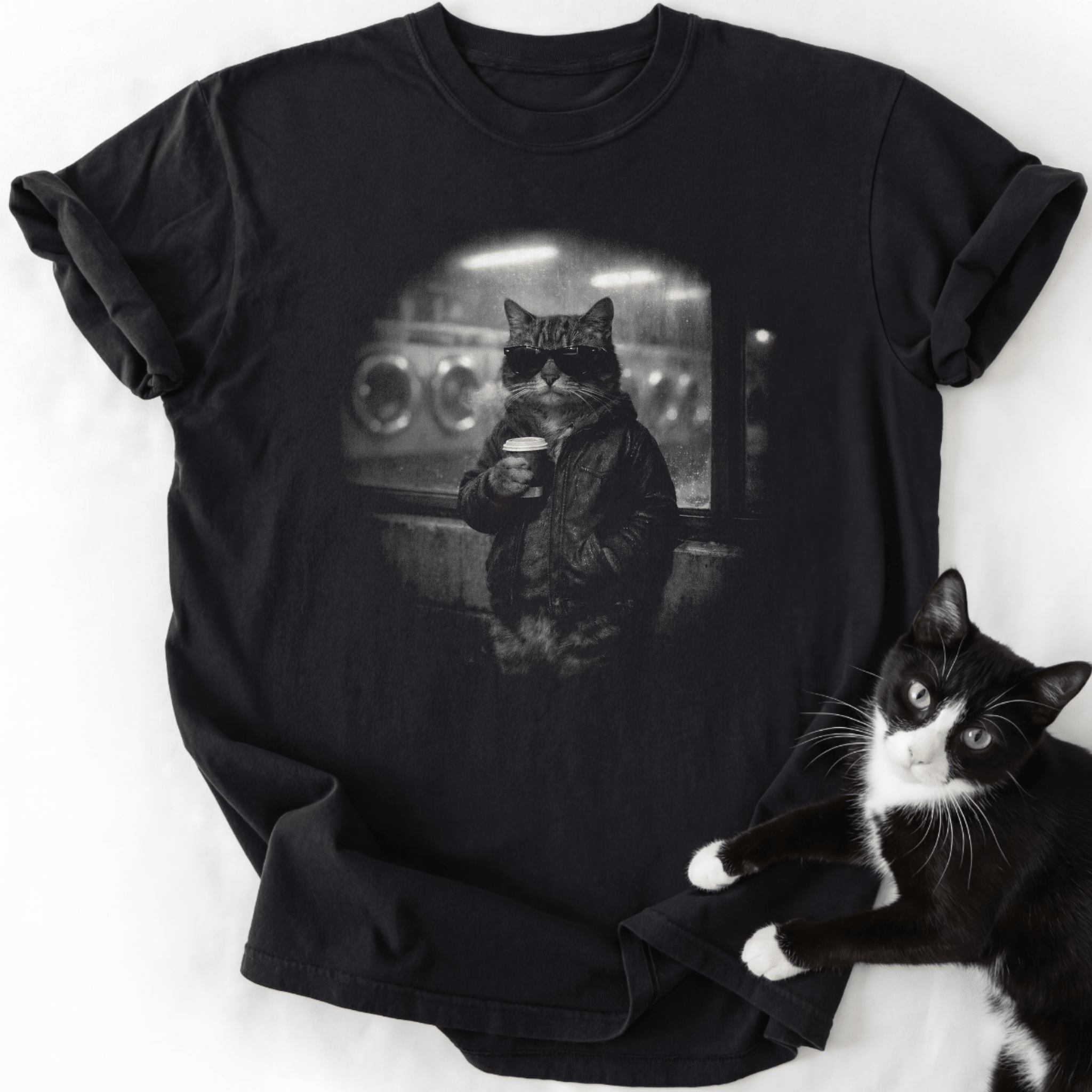 Laundromat Nights vintage cat graphic tee with tabby in sunglasses and jacket