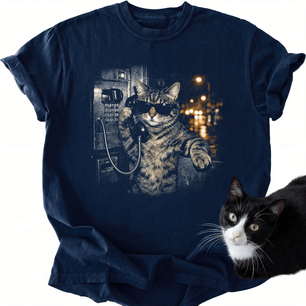 Midnight Call T-Shirt navy blue cat wearing sunglasses holding vintage phone graphic