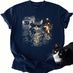 Midnight Call T-Shirt navy blue cat wearing sunglasses holding vintage phone graphic