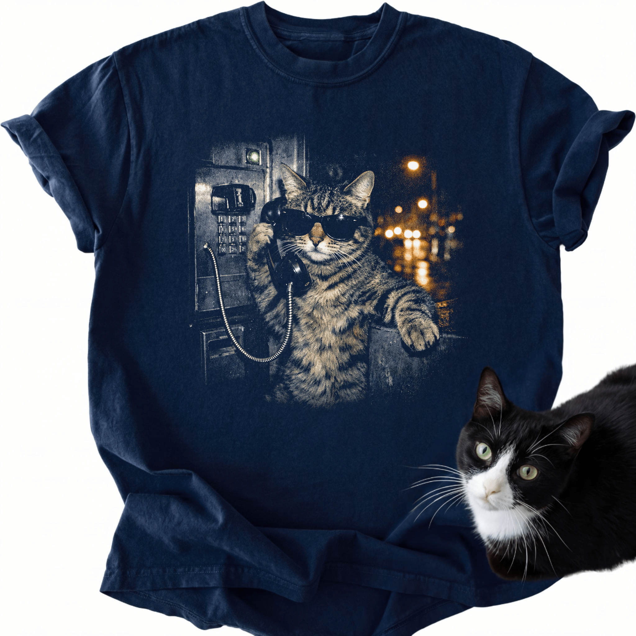 Midnight Call T-Shirt navy blue cat wearing sunglasses holding vintage phone graphic