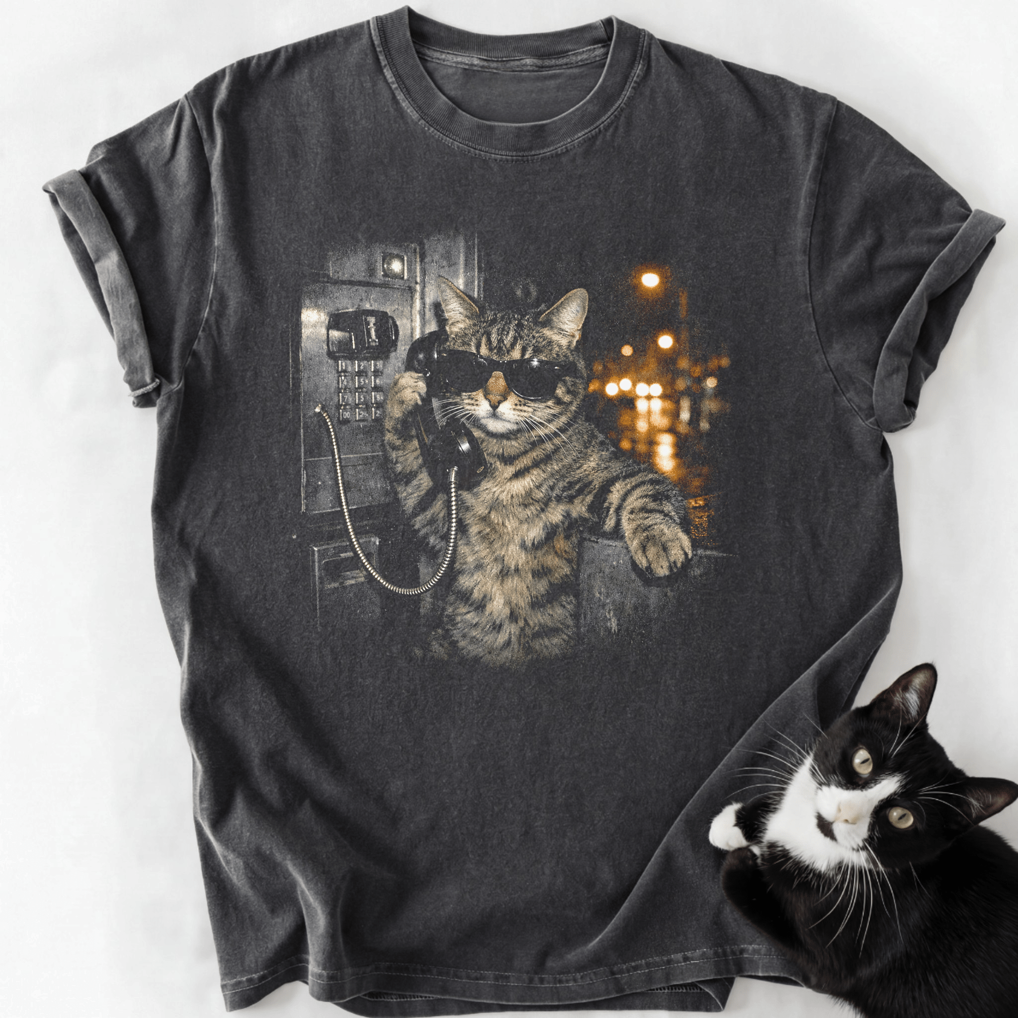 Midnight Call T-Shirt dark gray vintage cat graphic tee with sunglasses and payphone