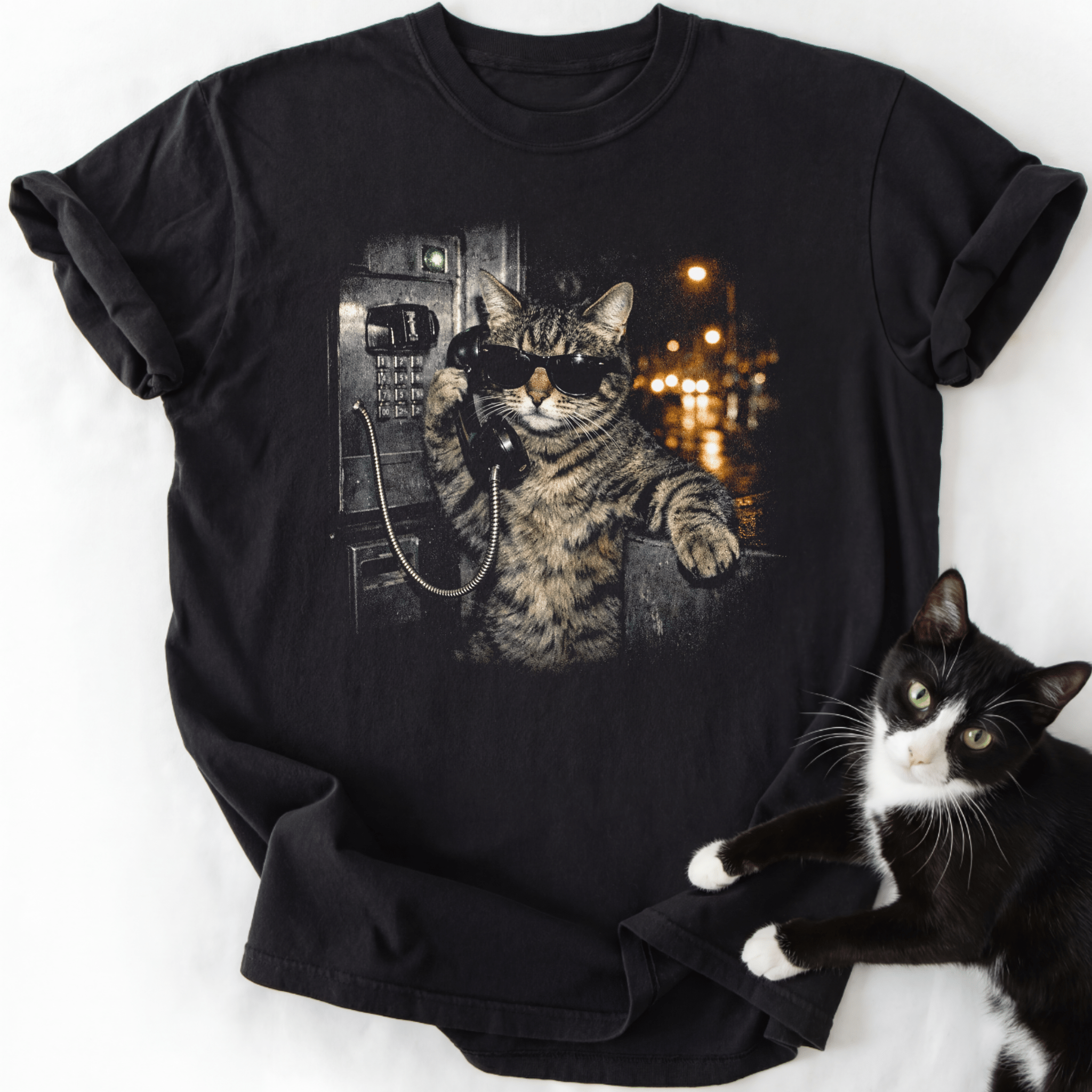 Midnight Call T-Shirt black graphic tee with cat in sunglasses holding payphone