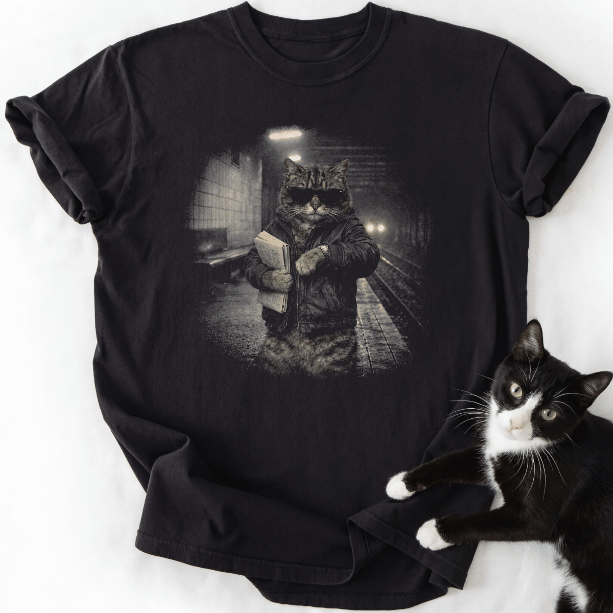 Midnight Subway T-Shirt with vintage tabby cat graphic wearing sunglasses on subway platform