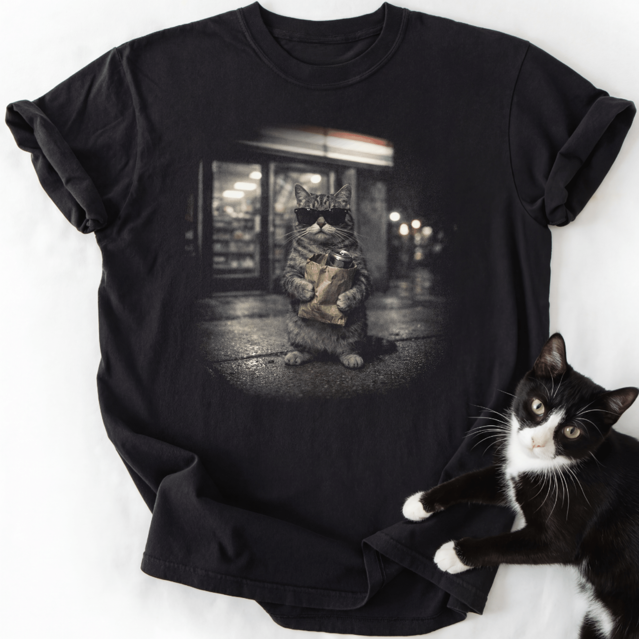 Black cat t-shirt with tabby wearing sunglasses and holding snack bag
