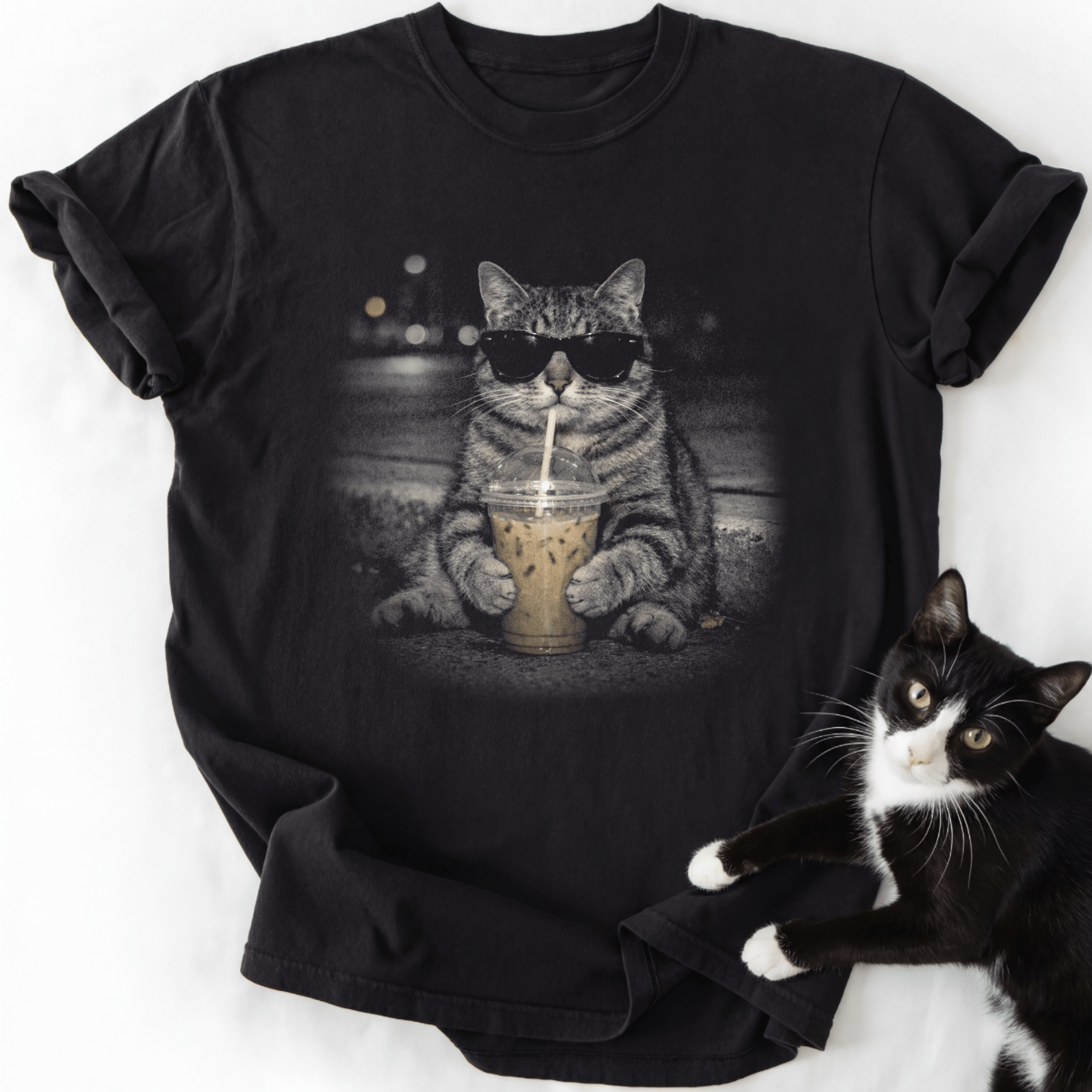 Black Street Latte Cat T-Shirt with tabby cat graphic wearing sunglasses and holding iced coffee