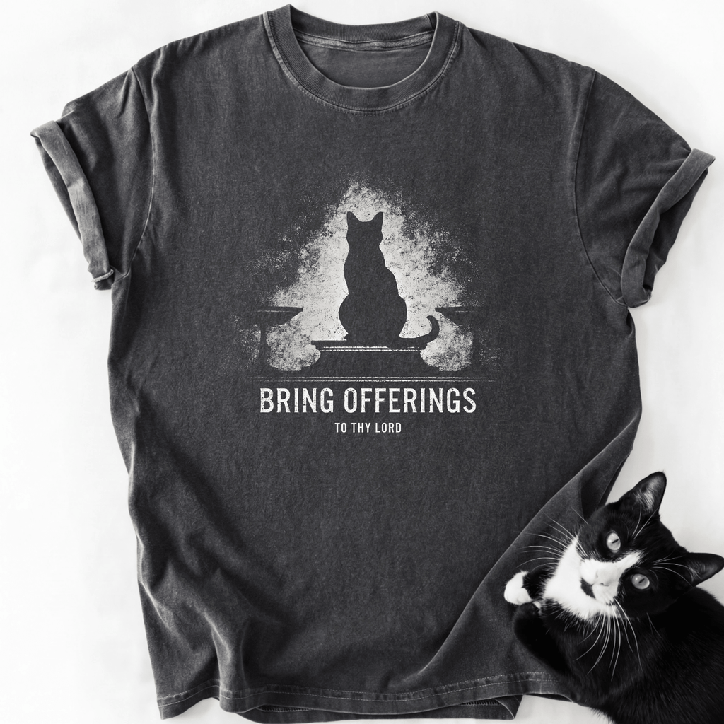 Dark gray Furalo Bring Offerings cat graphic tee with relaxed fit