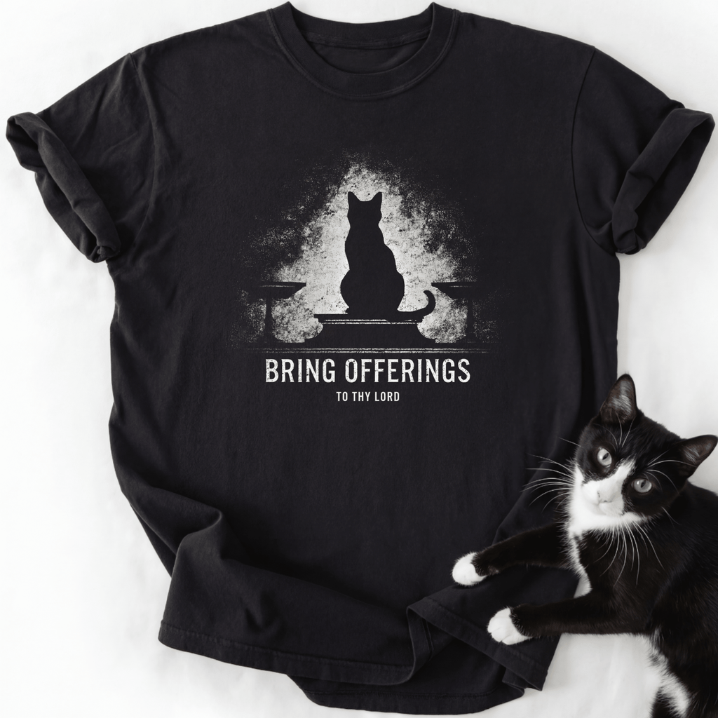 Black cat silhouette graphic t-shirt with 'Bring Offerings' text