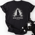 Black cat silhouette graphic t-shirt with 'Bring Offerings' text