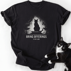 Black cat silhouette graphic t-shirt with 'Bring Offerings' text