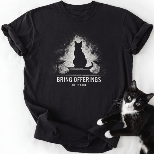 Black cat silhouette graphic t-shirt with 'Bring Offerings' text
