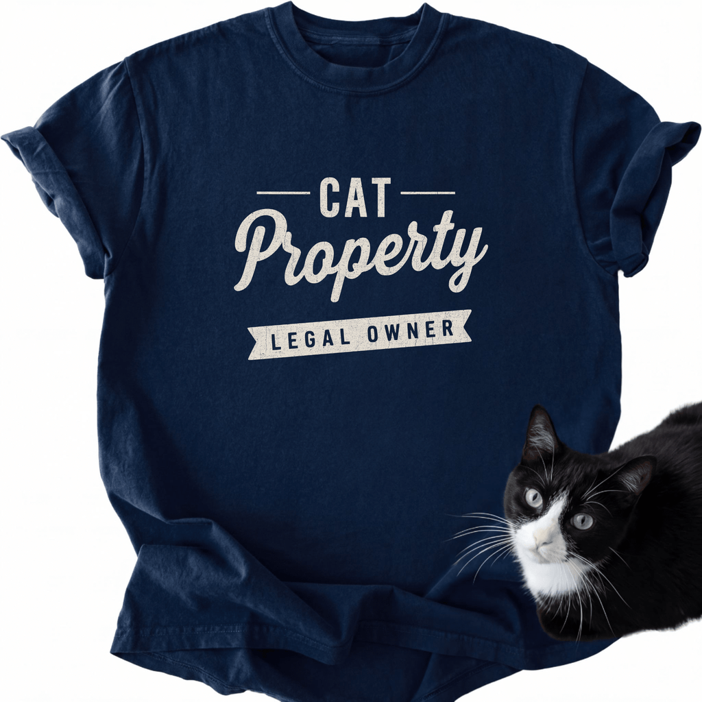 Navy blue Cat Property T-Shirt with white lettering and comfortable drape