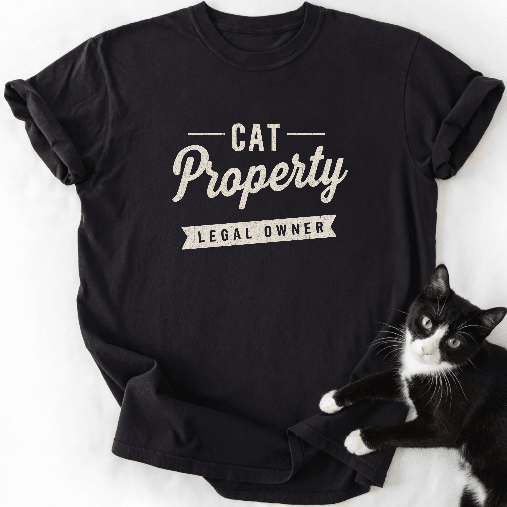 Black Cat Property T-Shirt with distressed graphic and relaxed fit