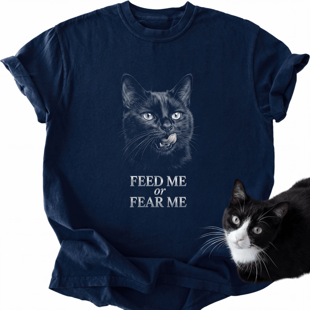 Navy blue Feed or Fear Me cat graphic tee featuring heathered Comfort Colors fabric