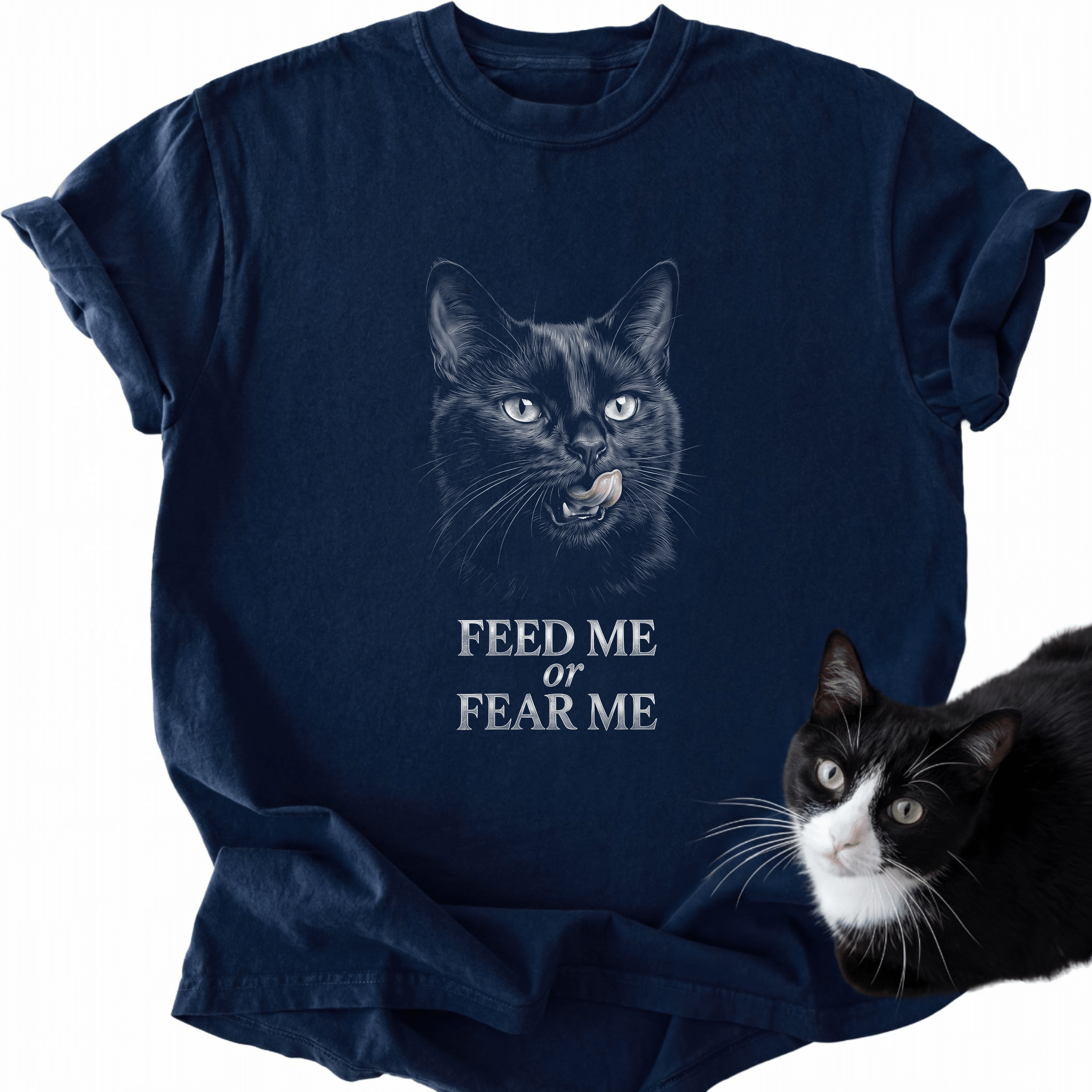 Navy blue Feed or Fear Me cat graphic tee featuring heathered Comfort Colors fabric