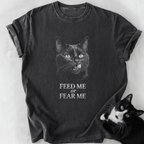 Dark gray garment-dyed Feed or Fear Me cat t-shirt with relaxed fit