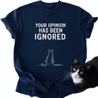 Navy blue relaxed fit cat t-shirt with 'Your Opinion Has Been Ignored' graphic