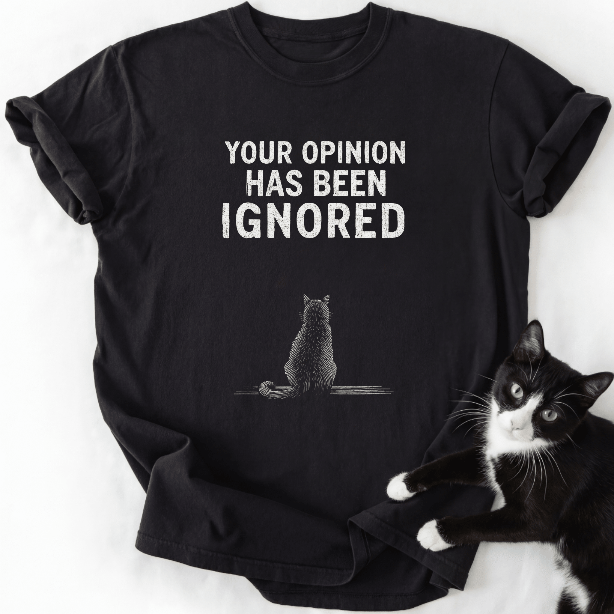 Black ring-spun cotton cat dad shirt with distressed white lettering and line art