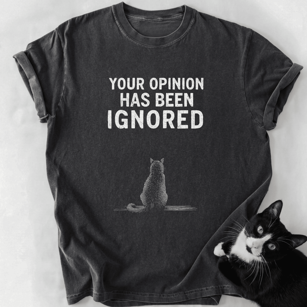 Dark gray garment-dyed cat lover tee featuring ignored opinion text design