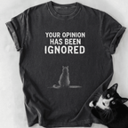 Dark gray garment-dyed cat lover tee featuring ignored opinion text design