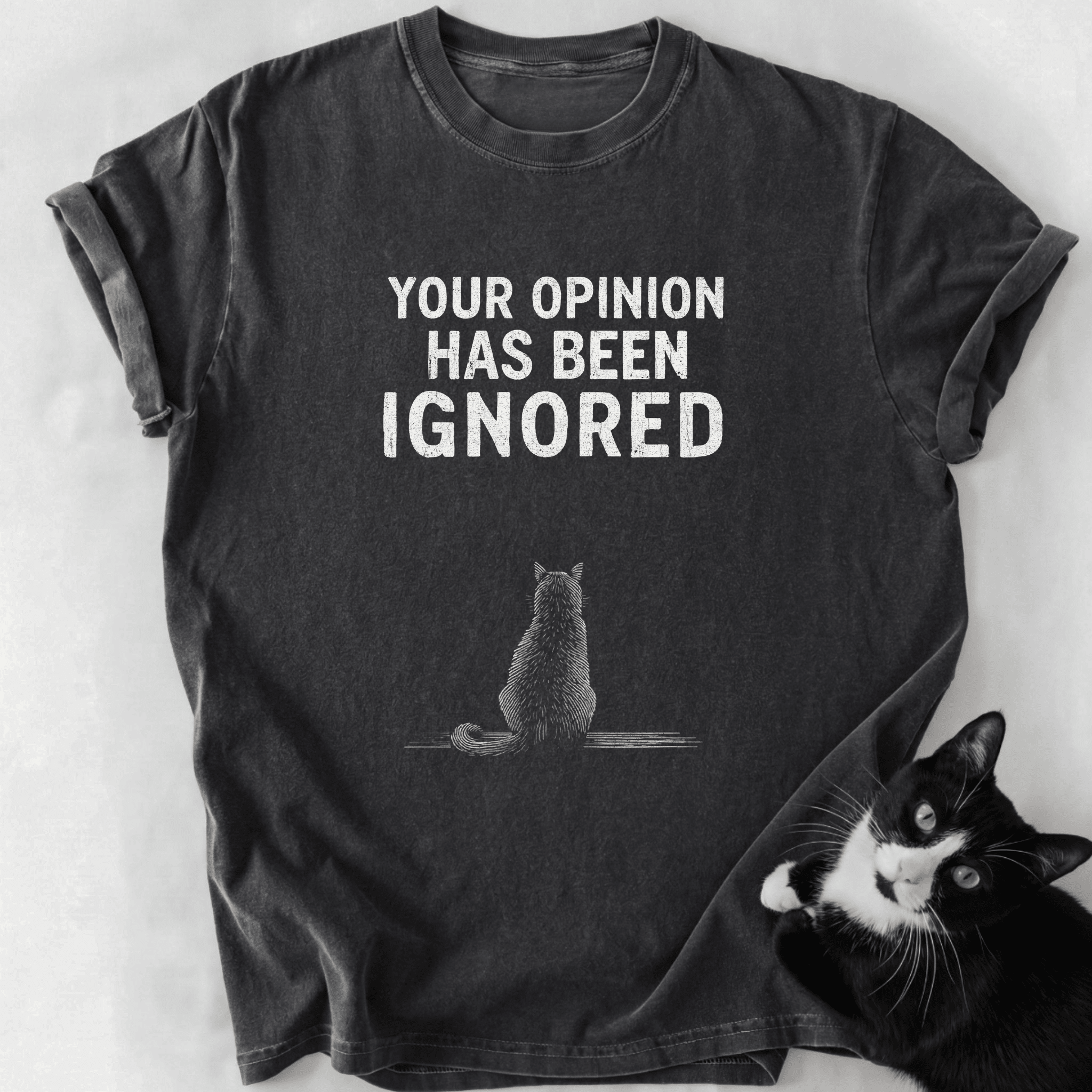 Dark gray garment-dyed cat lover tee featuring ignored opinion text design