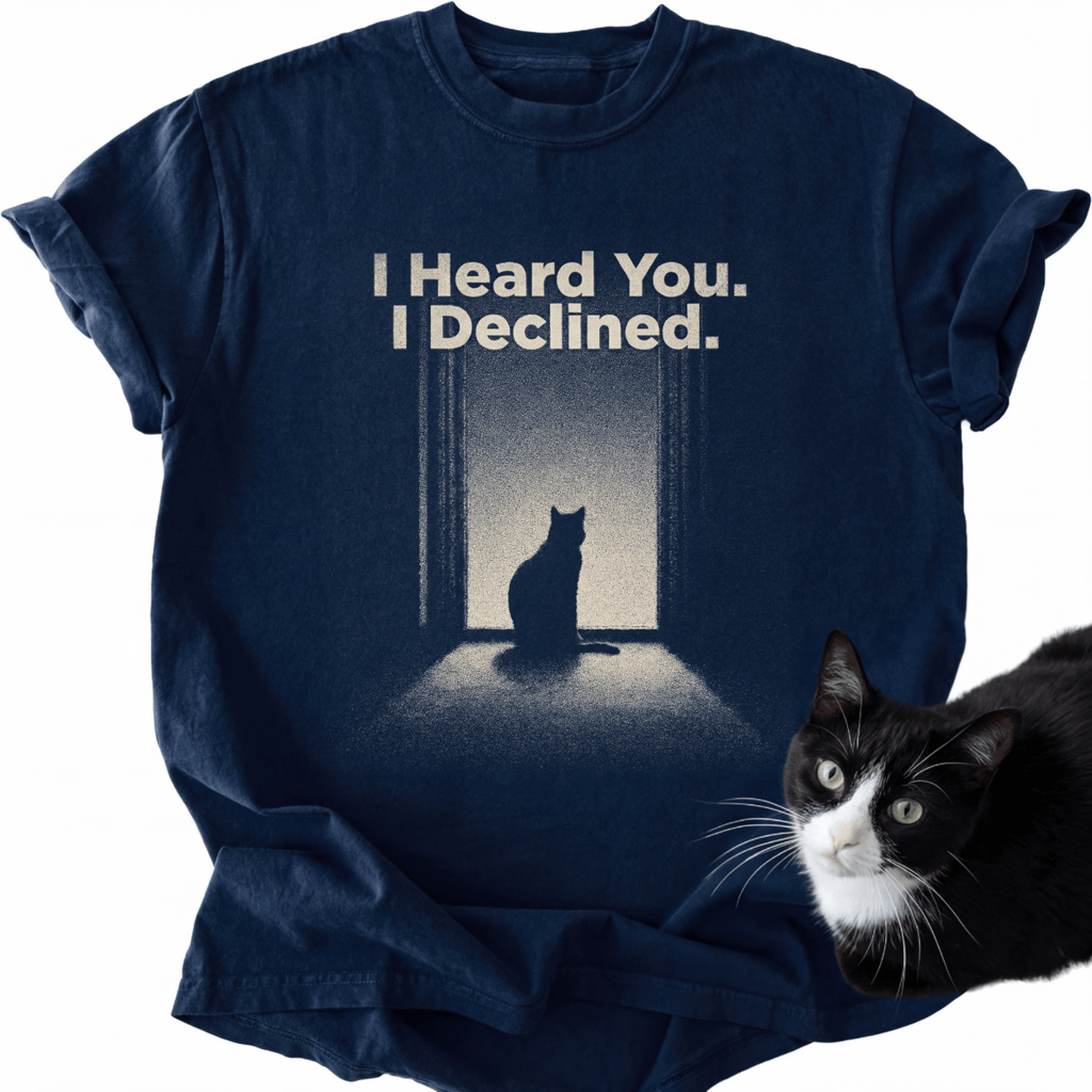 Navy blue I Declined cat graphic tee featuring doorway silhouette print