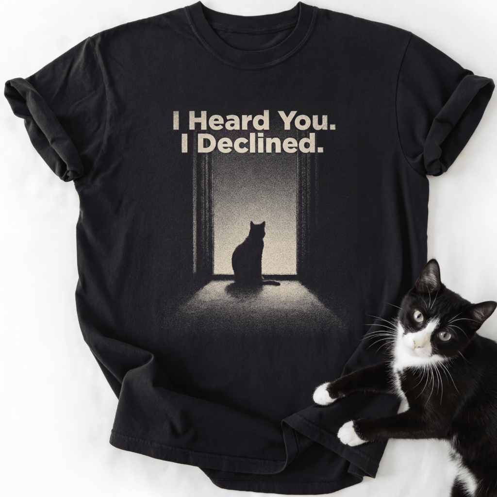 Black I Declined cat graphic tee with silhouette design and soft-washed cotton