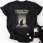 Black I Declined cat graphic tee with silhouette design and soft-washed cotton