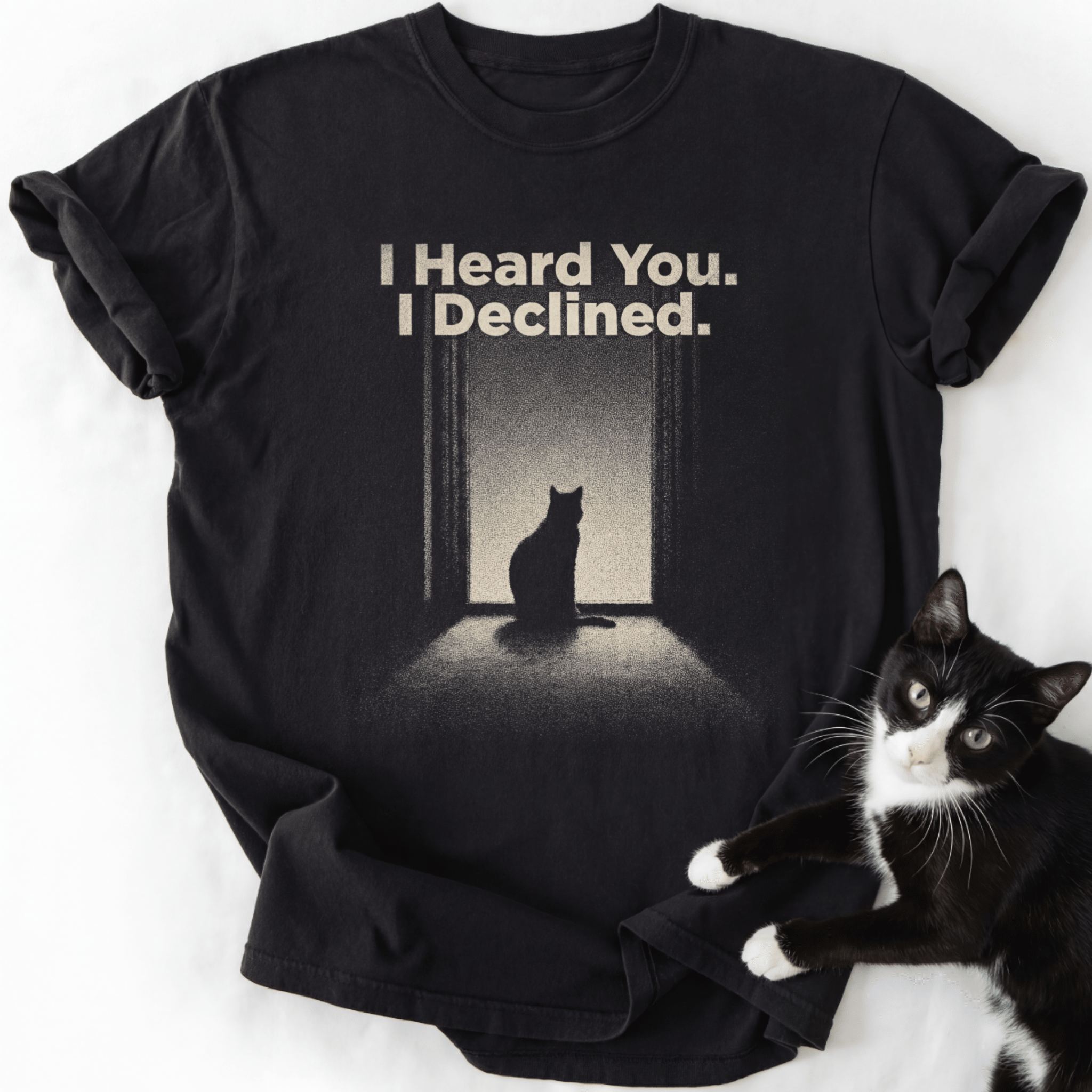 Black I Declined cat graphic tee with silhouette design and soft-washed cotton