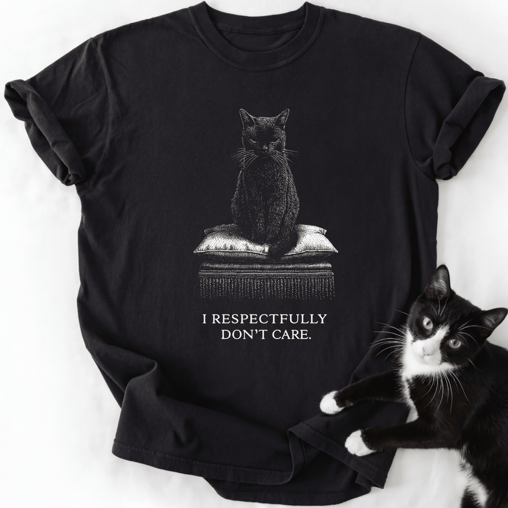 Black I Respectfully Don't Care cat graphic tee with line art design
