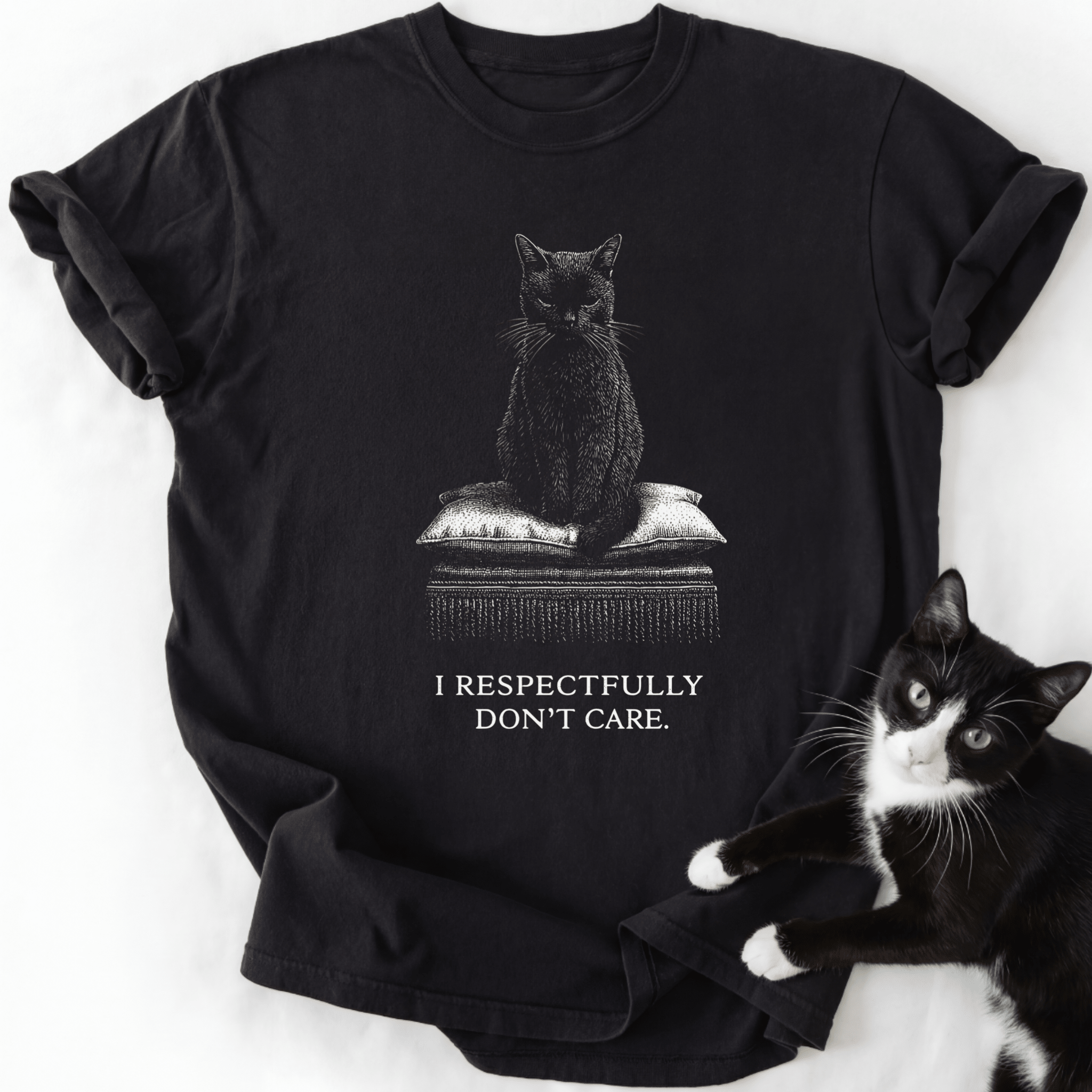 Black I Respectfully Don't Care cat graphic tee with line art design