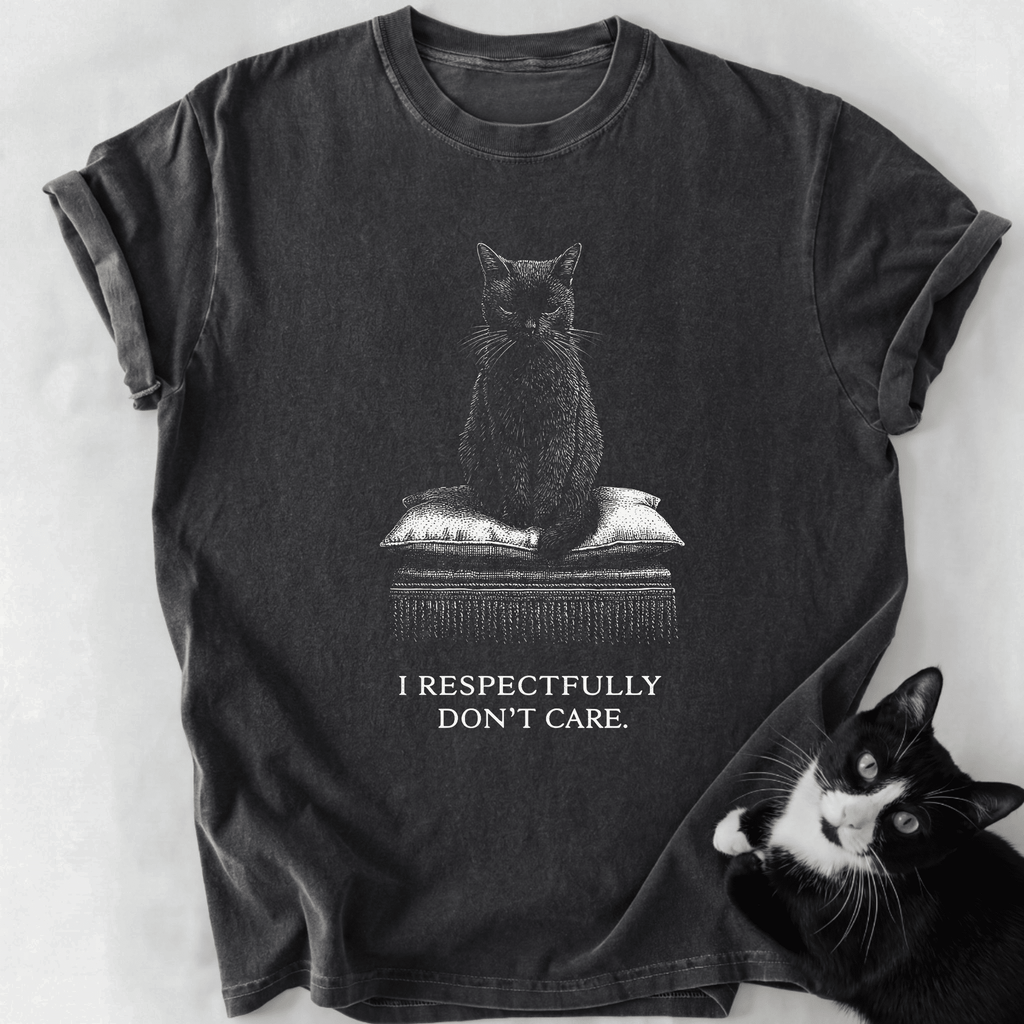 Dark gray heathered I Respectfully Don't Care cat humor t-shirt