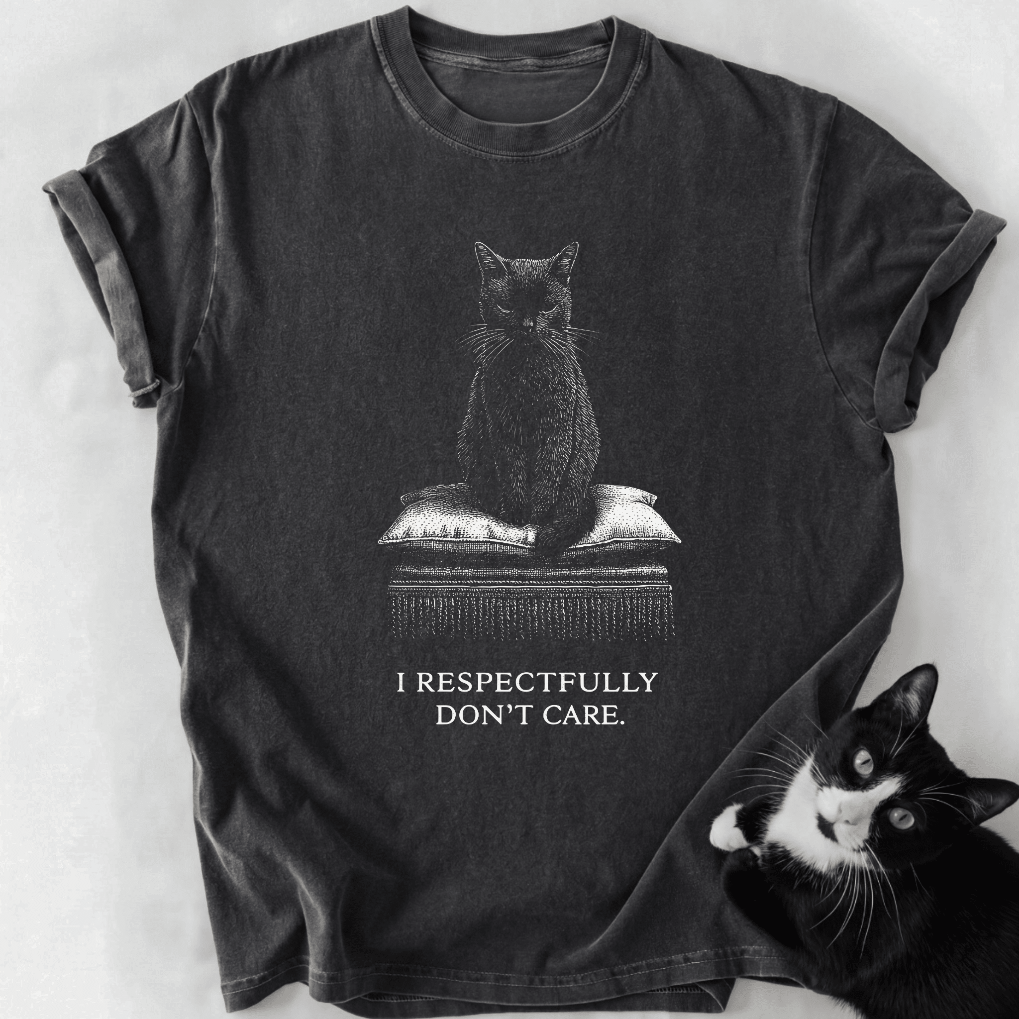 Dark gray heathered I Respectfully Don't Care cat humor t-shirt