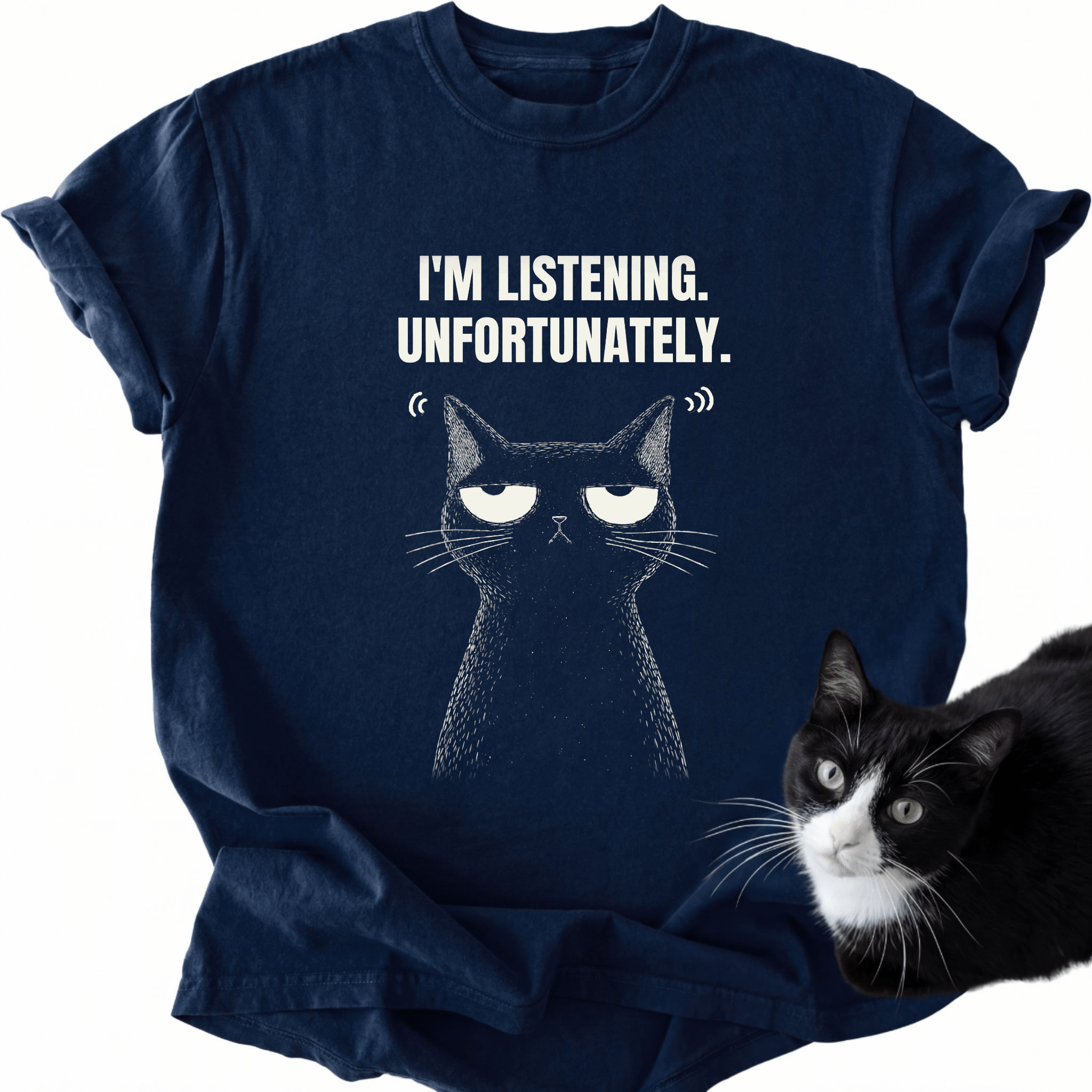 Navy blue I'm Listening Unfortunately cat graphic tee with sound waves