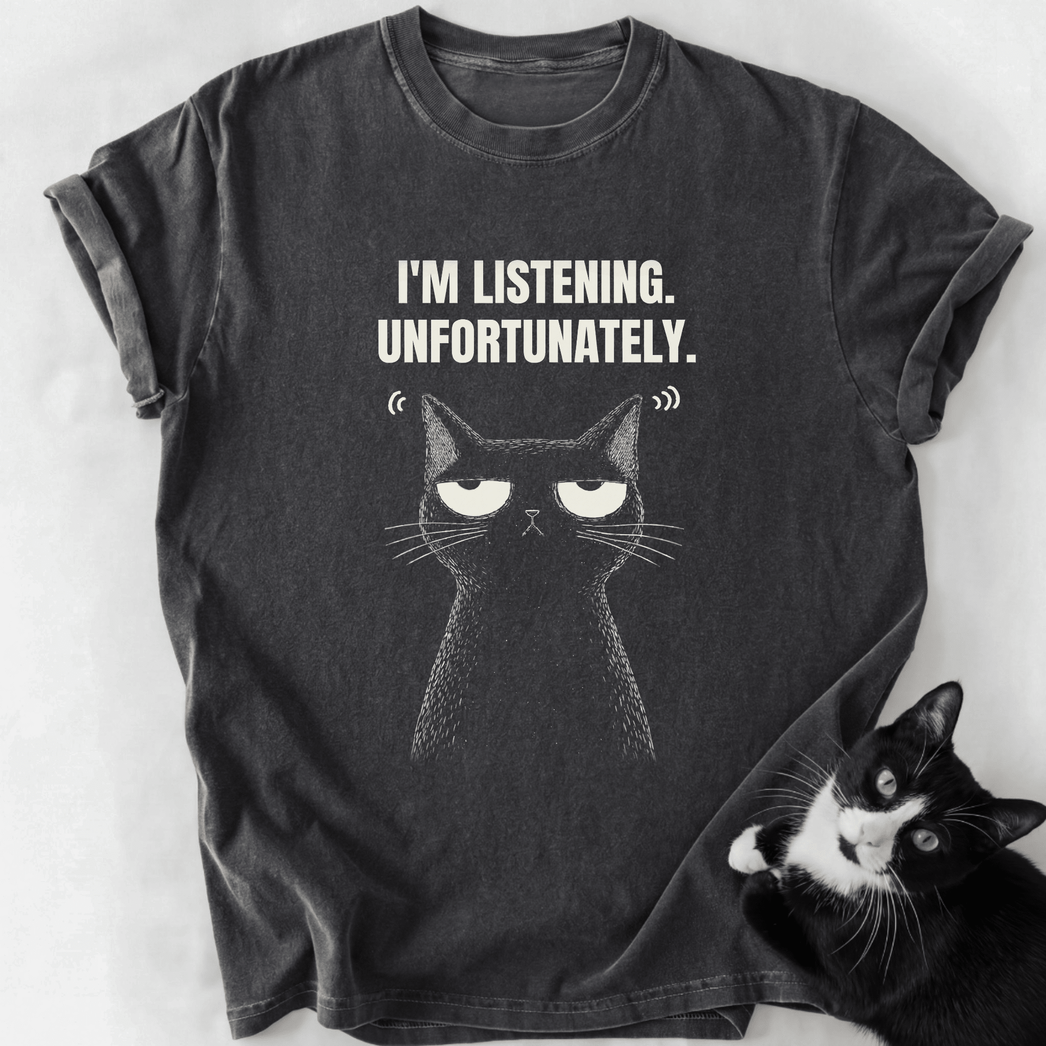 Dark gray heathered I'm Listening Unfortunately cat graphic t-shirt detail