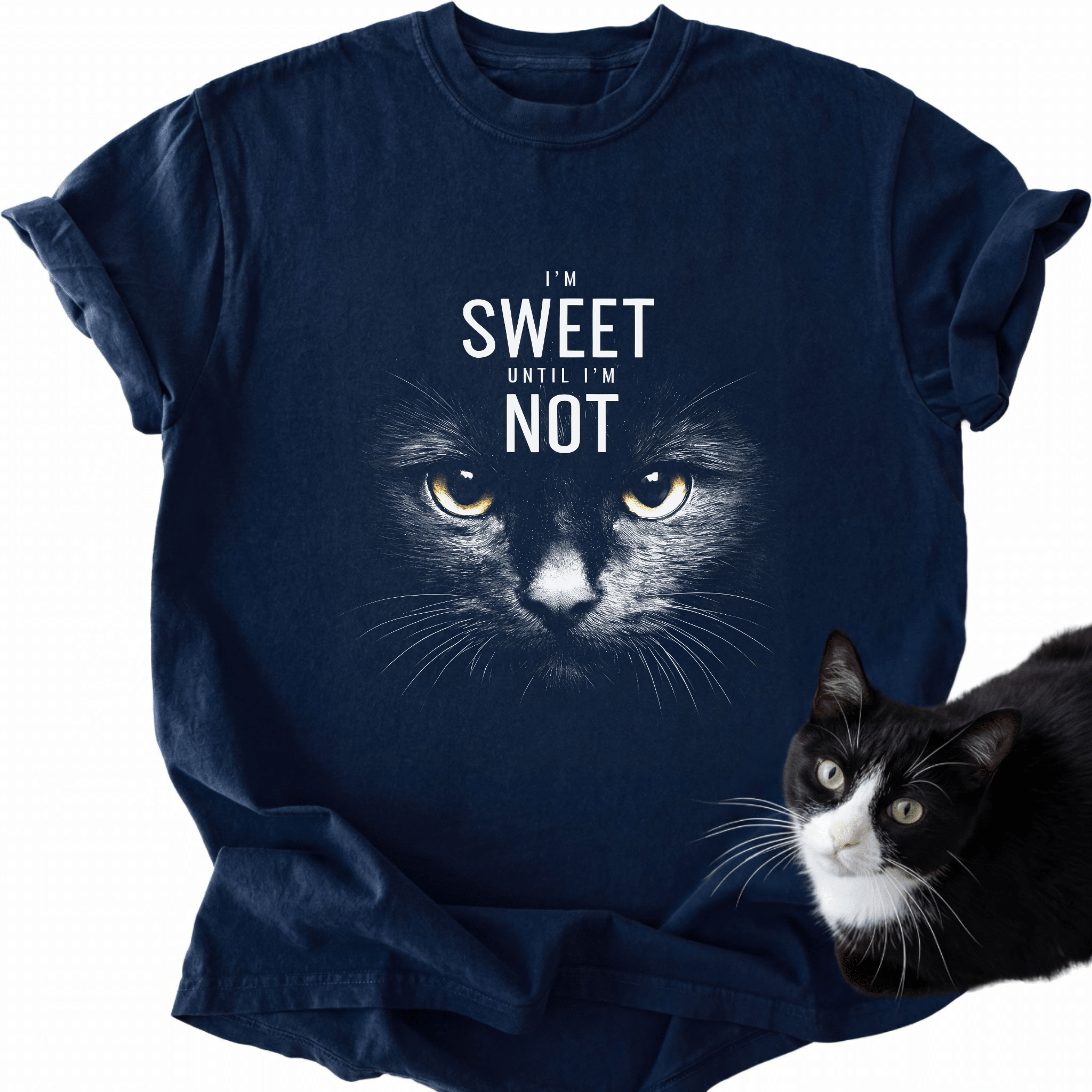 Navy blue cat graphic tee with 'I'm Sweet Until I'm Not' text and yellow-eyed cat design
