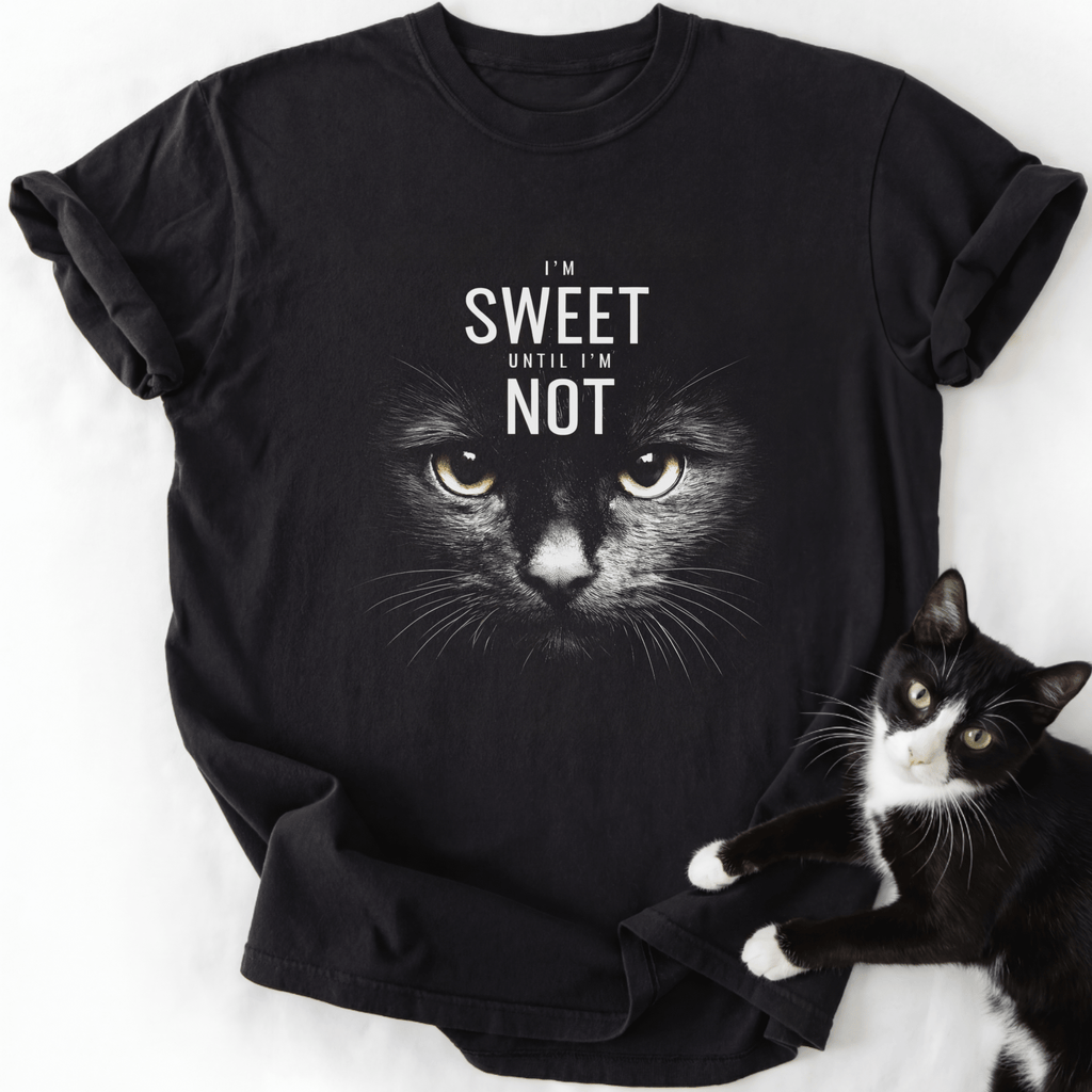 Black crew neck cat lover shirt with yellow-eyed feline graphic and humorous quote